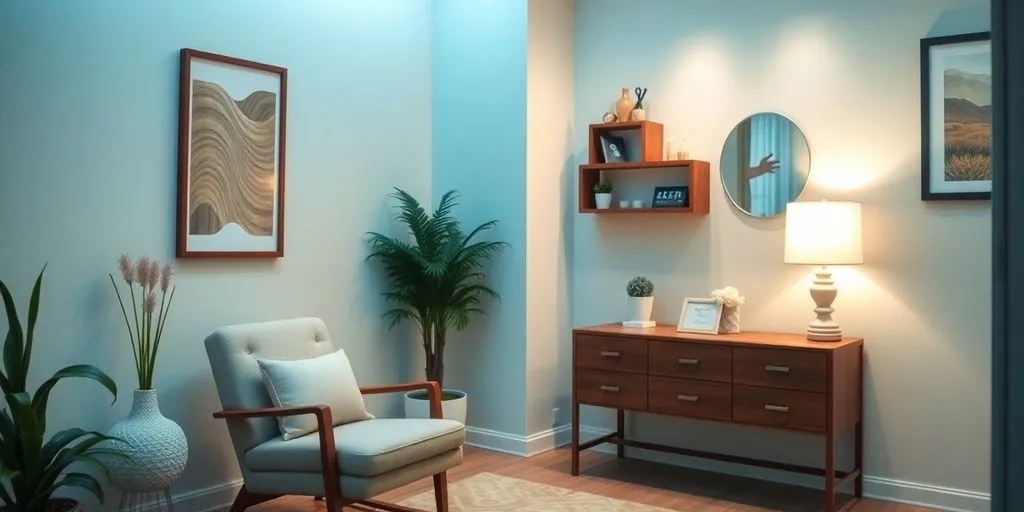 Sala de terapia com cadeira confortável e iluminação suave.